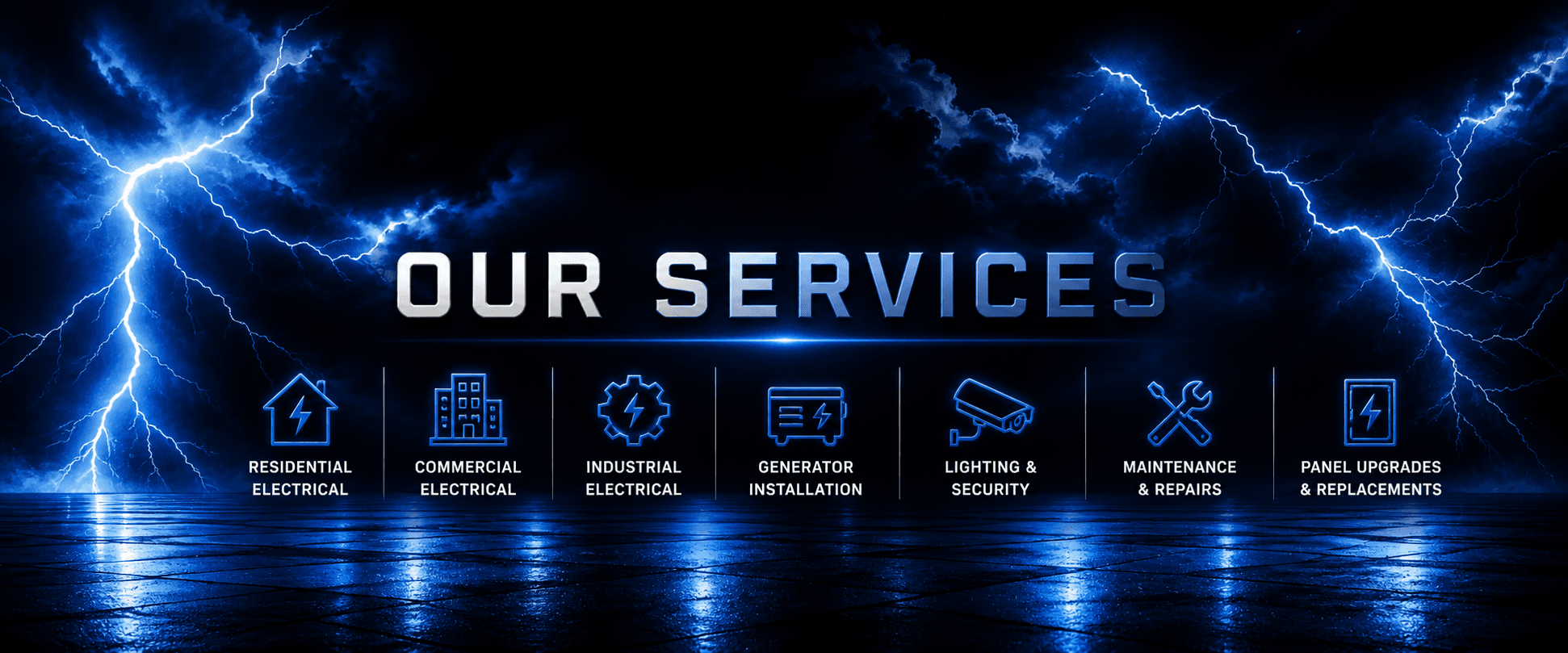 Our Services - Residential, Commercial, Industrial, Generator Installation, Lighting & Security, Maintenance & Repairs, Panel Upgrades & Replacements